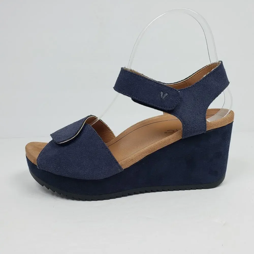 Vionic Astrid II Womens Size 7 Blue Suede Casual Platform Wedge Sandals